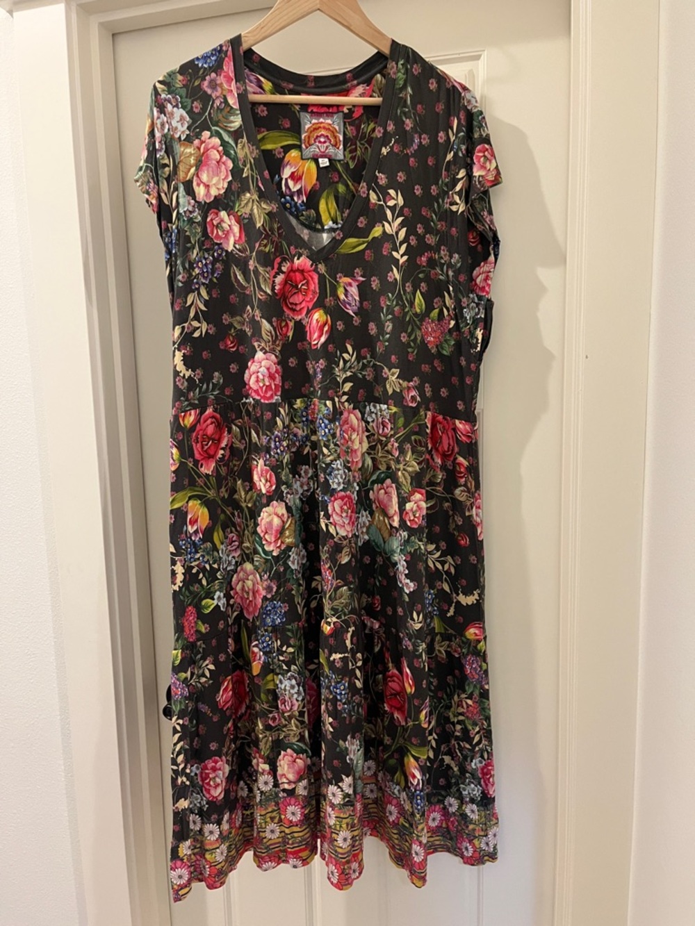 Johnny Was Black Midi Dress with Floral Print